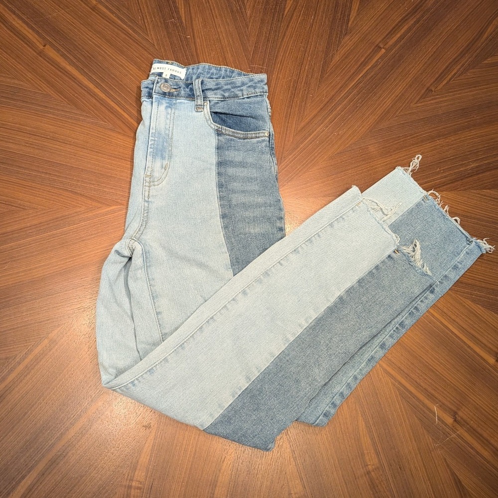 Almost Famous Jeans Womens 3 Blue Excellent Two Tone Colorblock Raw Hem Straight